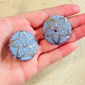 VTG LArge Round button clip earrings powder blue gold Czech carved art Glass 40s